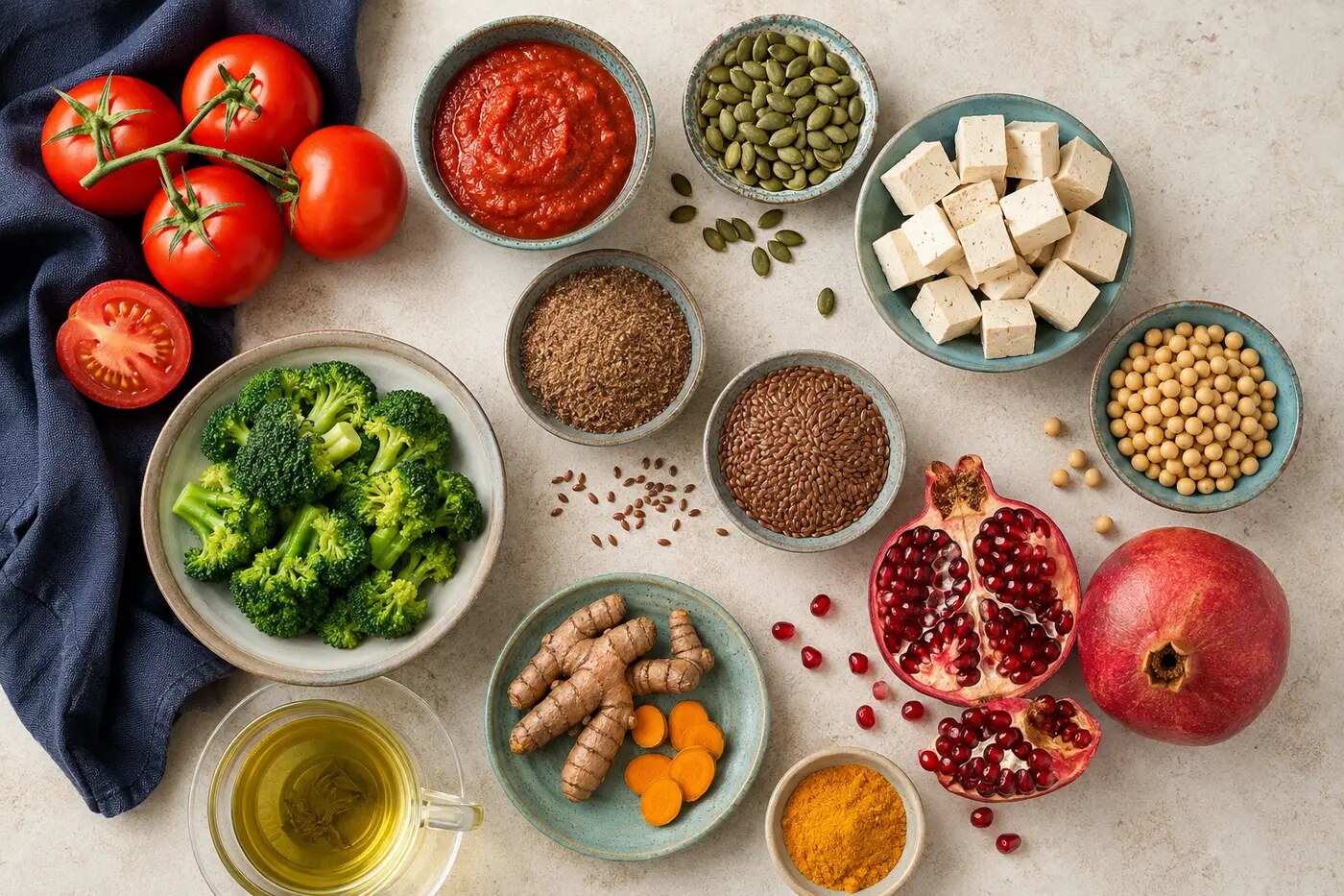 Domates, kabak çekirdeği, keten tohumu, soya, brokoli, nar, yeşil çay ve zerdeçalın yer aldığı sofra